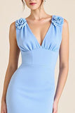 Sky Blue Sheath V Neck Long Formal Dress with 3D Flowers
