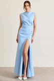 Sky Blue Sheath Ruched Sleeveless Long Formal Dress with Slit