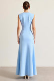 Sky Blue Sheath Ruched Sleeveless Long Formal Dress with Slit
