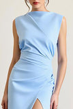 Sky Blue Sheath Ruched Sleeveless Long Formal Dress with Slit