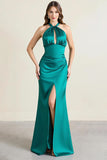 Green Satin Sheath Keyhole Halter Backless Long Formal Dress with Slit