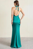 Green Satin Sheath Keyhole Halter Backless Long Formal Dress with Slit