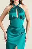 Green Satin Sheath Keyhole Halter Backless Long Formal Dress with Slit
