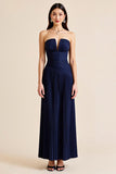 Pleated A Line Navy Strapless Long Formal Dress