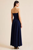 Pleated A Line Navy Strapless Long Formal Dress