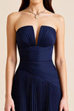 Pleated A Line Navy Strapless Long Formal Dress