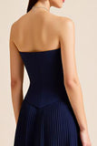 Pleated A Line Navy Strapless Long Formal Dress
