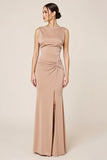 Satin Neutral Sheath Boat Neck Maxi Formal Dress with Slit