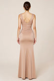 Satin Neutral Sheath Boat Neck Maxi Formal Dress with Slit