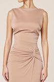 Satin Neutral Sheath Boat Neck Maxi Formal Dress with Slit