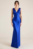 V-Neck Royal Blue Satin Sheath Sleeveless Maxi Formal Dress