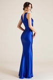V-Neck Royal Blue Satin Sheath Sleeveless Maxi Formal Dress