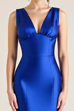 V-Neck Royal Blue Satin Sheath Sleeveless Maxi Formal Dress
