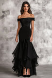 Black Mermaid Chiffon Appliqued Long Formal Dress with Ruffles