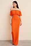Orange Sheath Off the Shoulder Long Formal Dress with Short Sleeves