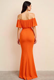 Orange Sheath Off the Shoulder Long Formal Dress with Short Sleeves