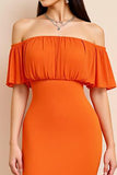Orange Sheath Off the Shoulder Long Formal Dress with Short Sleeves