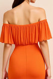 Orange Sheath Off the Shoulder Long Formal Dress with Short Sleeves