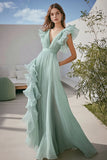 Light Green Tulle V-Neck Pleated Long Formal Dress with Ruffles