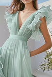 Light Green Tulle V-Neck Pleated Long Formal Dress with Ruffles