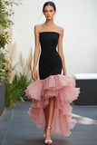 Black Pink Sheath Strapless Asymmetrical Formal Dress with Ruffles
