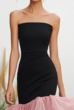 Black Pink Sheath Strapless Asymmetrical Formal Dress with Ruffles