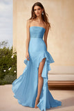 Sky Blue Ruched Sheath Ruffled Long Formal Dress with Slit