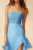 Sky Blue Ruched Sheath Ruffled Long Formal Dress with Slit