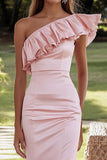 Pink Sheath One Shoulder Satin Long Formal Dress with Ruffles