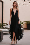 Black Deep V-Neck Tulle Ruffled A Line Long Formal Dress