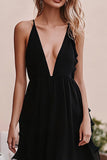 Black Deep V-Neck Tulle Ruffled A Line Long Formal Dress
