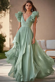 Light Green Chiffon Ruffled A Line V Neck Long Formal Dress