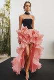 Black Pink Chiffon High Low Strapless Ruffled Formal Dress