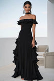 Black Off the Shoulder Chiffon Ruffled A Line Long Formal Dress