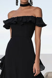 Black Off the Shoulder Chiffon Ruffled A Line Long Formal Dress