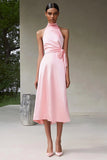 Pink Satin A Line Halter Tea Length Formal Dress