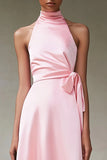Pink Satin A Line Halter Tea Length Formal Dress