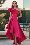 Fuchsia A Line Ruffled Satin Asymmetrical Formal Dress