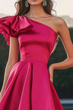 Fuchsia A Line Ruffled Satin Asymmetrical Formal Dress