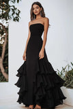 Chiffon A Line Strapless Ruffled Black Tie Dress