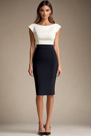 Black White Bodycon Boat Neck Knee-Length Cocktail Dress