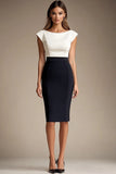 Black White Bodycon Boat Neck Knee-Length Cocktail Dress