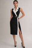 Black White Bodycon Knee-Length Cocktail Dress with Belt