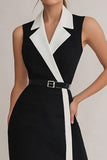 Black White Bodycon Knee-Length Cocktail Dress with Belt