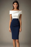 White Navy Patchwork Bodycon Off the Shoulder Knee-Length Cocktail Dress