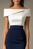 White Navy Patchwork Bodycon Off the Shoulder Knee-Length Cocktail Dress