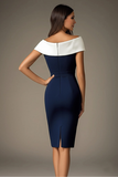 White Navy Patchwork Bodycon Off the Shoulder Knee-Length Cocktail Dress