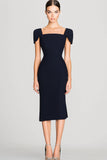 Black Sheath Square Neck Midi Semi Formal Dress