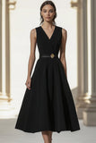 Black Tea Length V-Neck A Line Semi Formal Dress with Belt