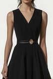 Black Tea Length V-Neck A Line Semi Formal Dress with Belt